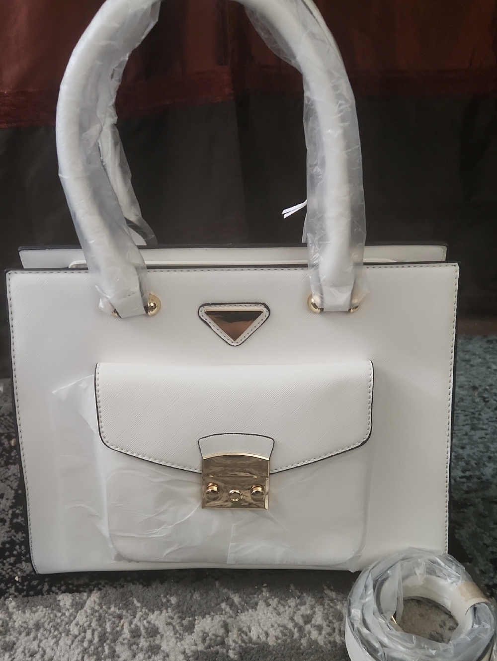 White Structured Top-Handle And Shoulder Strap Satchel with Gold Accent
